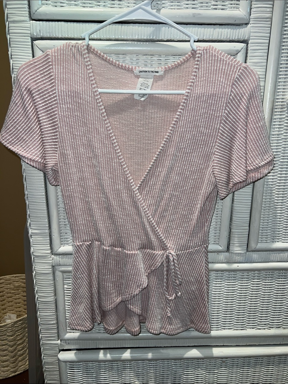 Caution To The Wind Light Pink Ribbed Wrap Peplum Top
